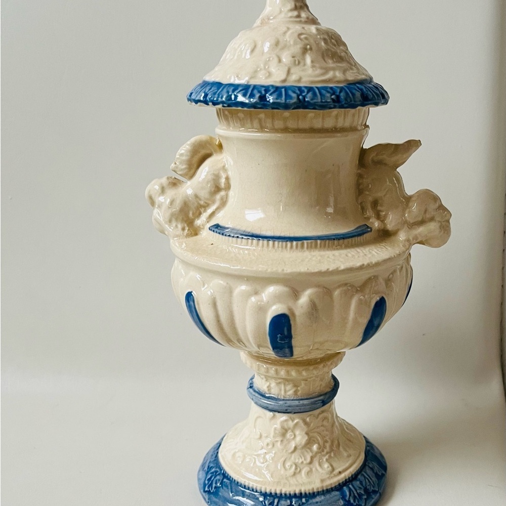 Antique Ornate Blue - White Porcelain Potpourri Lidded Jar H 9 Inch